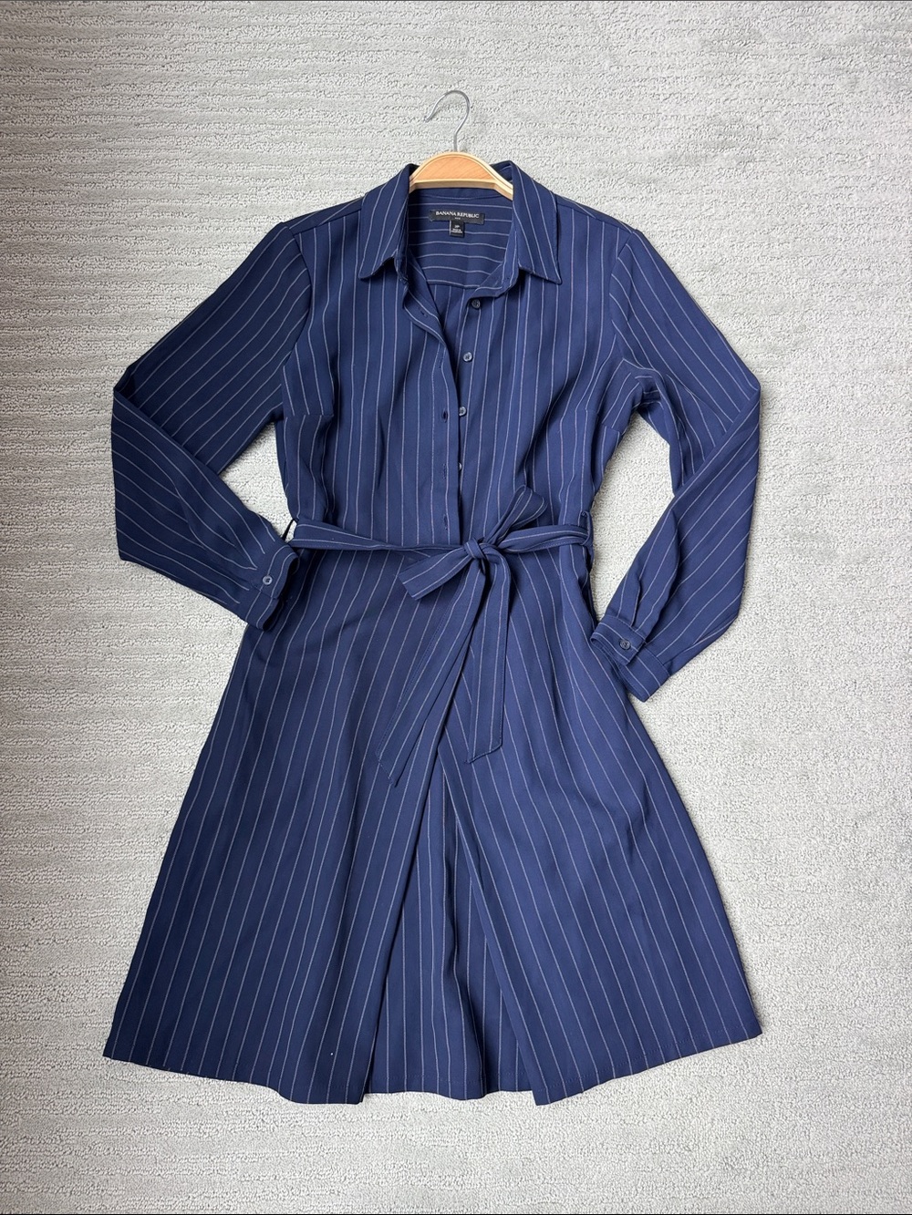 Banana Republic Navy Pinstripe Long-Sleeve Belted Shirtdress